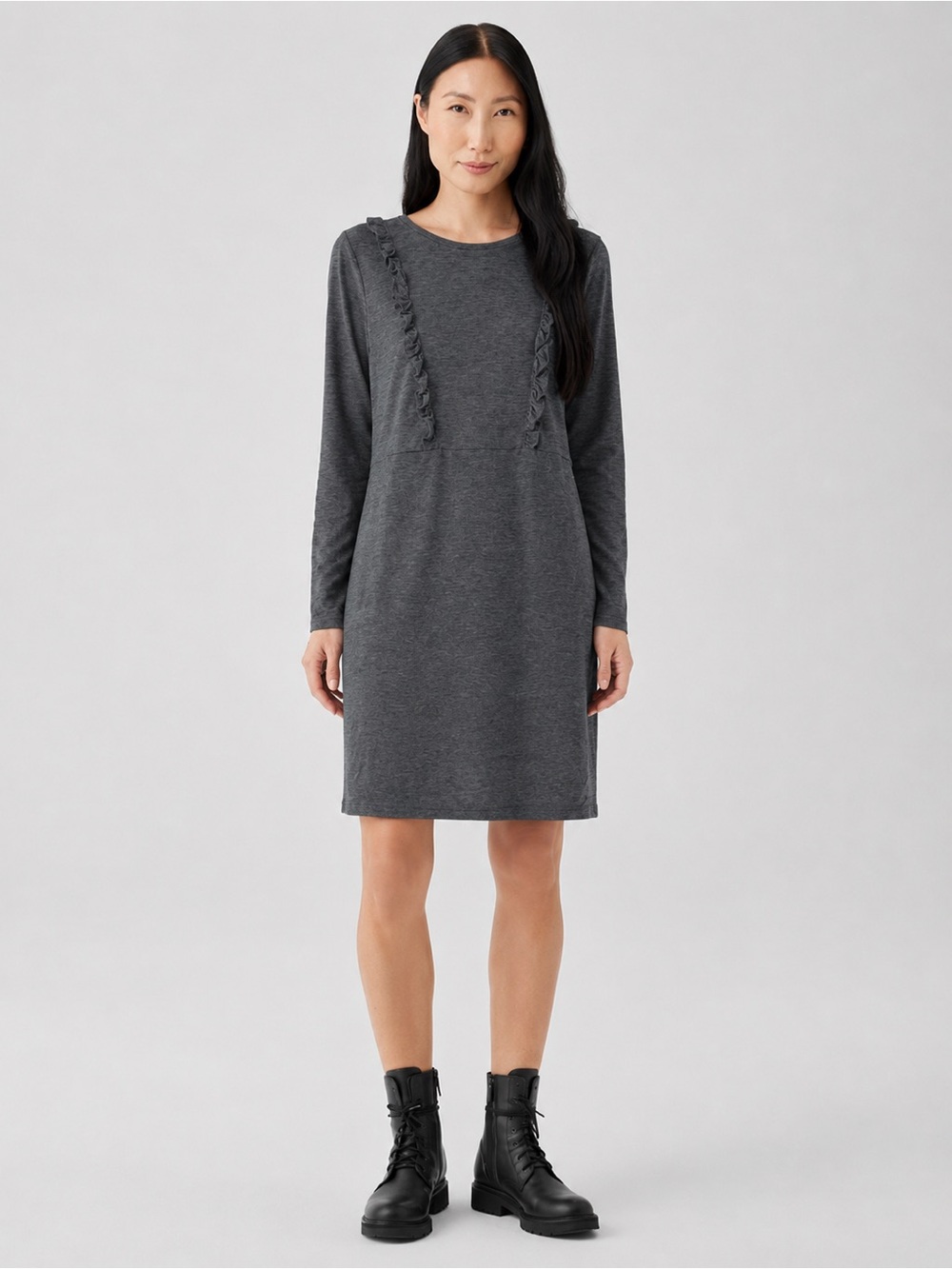 People Tree Wool Long Sleeve Gray Ruffle Dress 385